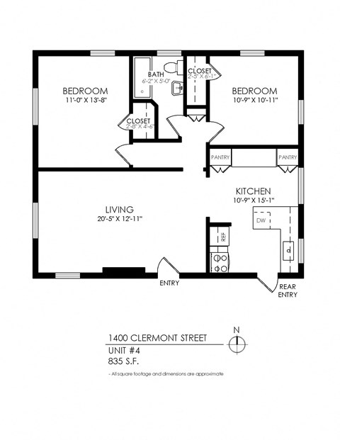 A black and white image of a floor plan for a home with two bedrooms, a living room, a kitchen, and a pantry.